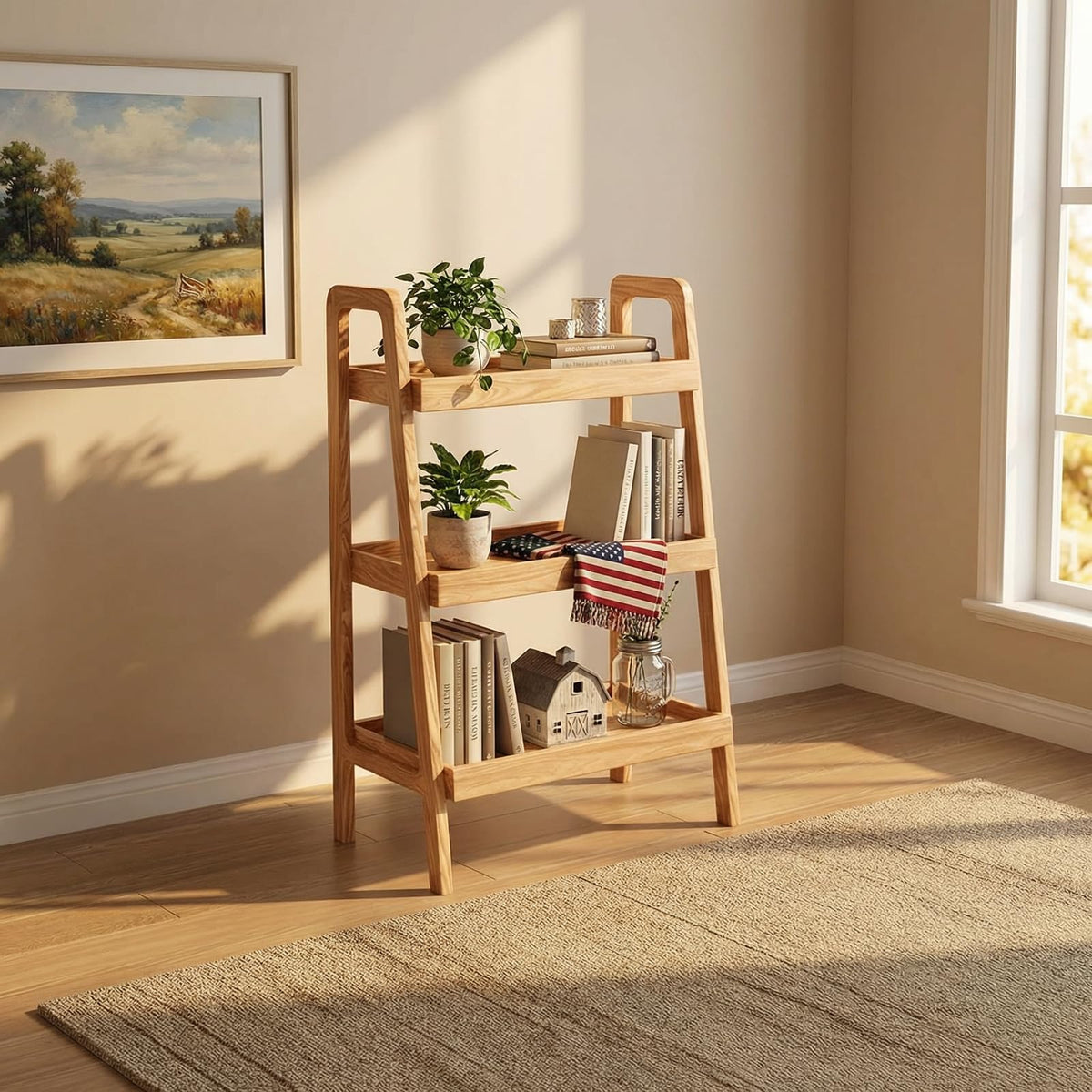 100% Solid Oak 4 Tier Ladder Shelf for Saving Space, Small Bookshelf with Stable Frame, Free Standing Ladder Shelves for Living Room Bedroom Couch(Natural,17.32" D x 16.53" W x 53.54" H)