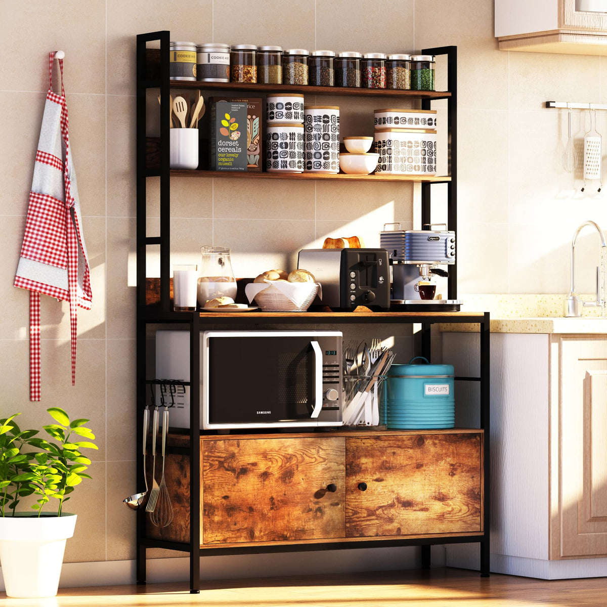 5-Tier Kitchen Bakers Rack with Power Outlet,Industrial Microwave Oven Stand, Utility Storage Shelf,Free Standing Kitchen Utility Cart Storage Shelf Organizer with Hooks
