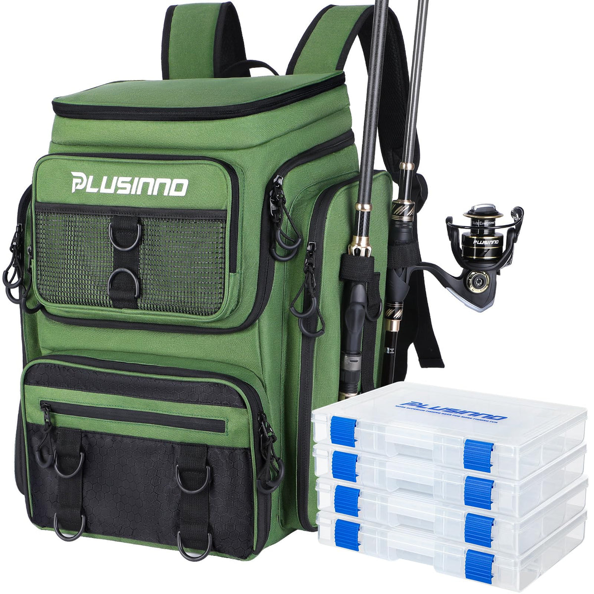PLUSINNO Fishing Backpack with Fishing Net,42L Waterproof tackle Backpack with Tackle Boxes,Fishing Gear,Lures,Tools,Pliers & Accessories, Fishing Gifts for Men