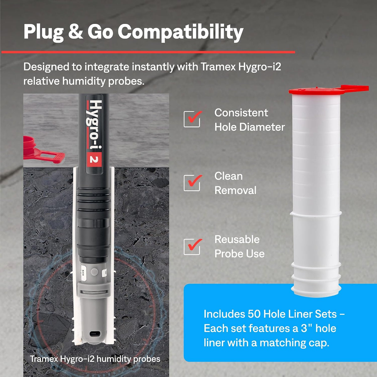 Tramex Hygro-i2 Extra Long Hole Liners & Caps RHHL50X (Pack of 50) | Use with Our Relative Humidity Probes for In-Situ Concrete & RH Testing of Flooring & Slabs | Use with Our Moisture Test System