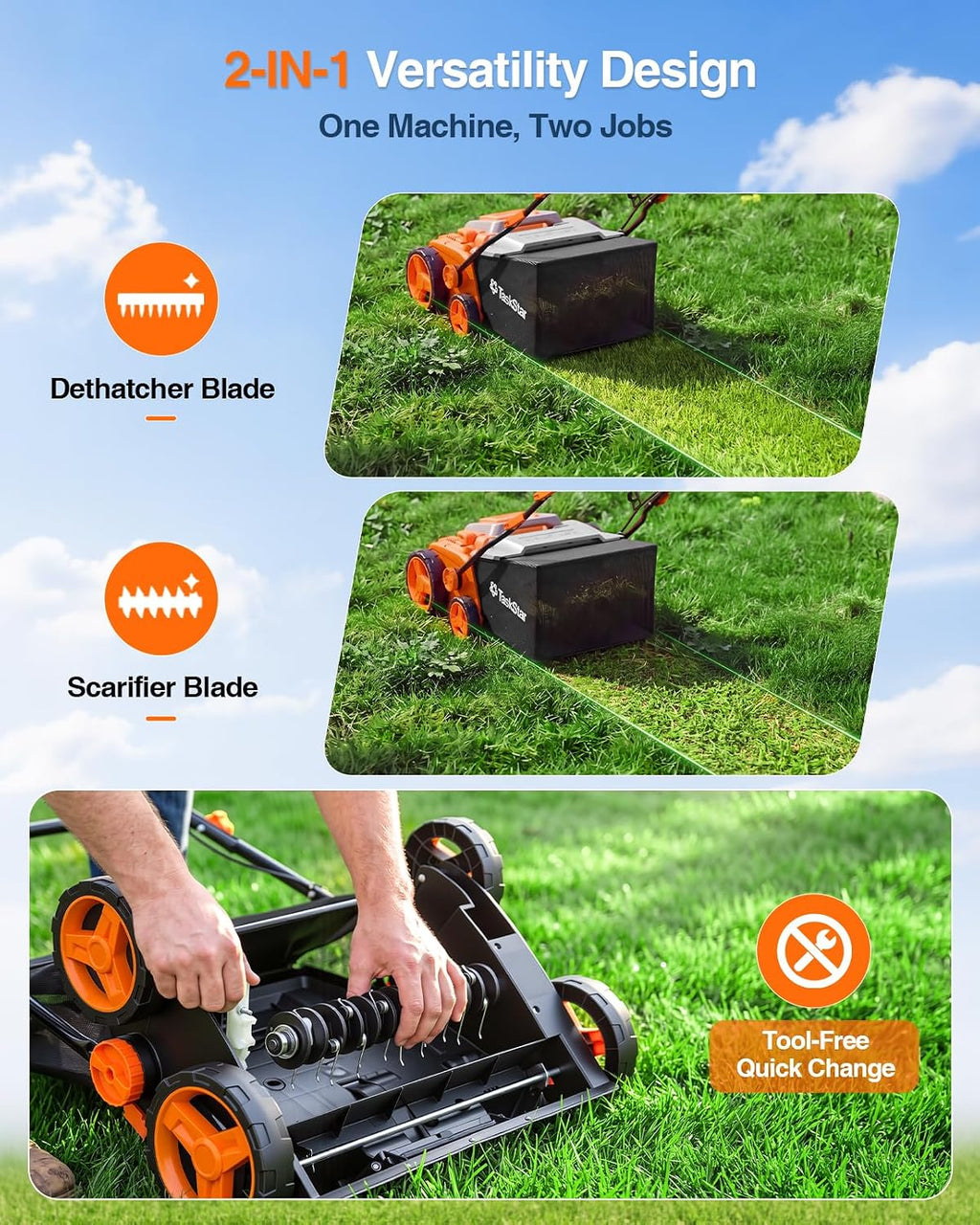 TaskStar Dethatcher and Scarifier, 16 Inch Lawn Dethatcher with Thatch Rake