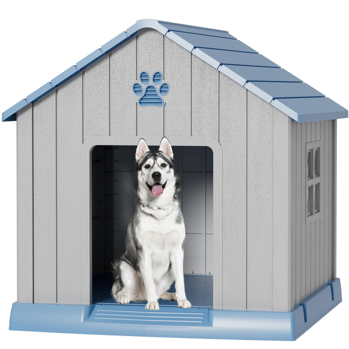 Fancyango Large Dog House Outdoor Indoor for Medium Large Dogs, Sturdy Plastic Waterproof Doghouse with Air Vents and Elevated Floor, Easy Clean and Assemble (Grey, 36.2''L×38''W×38''H)