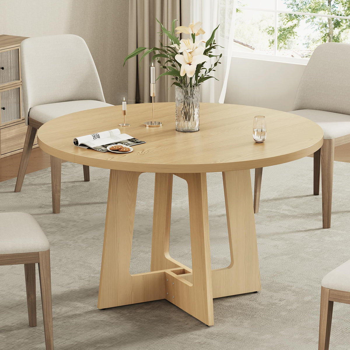 Round Dining Table for 4, Wooden Dining Room Table, Circle Kitchen Table for Home Dining Room Kitchen Living Room (Walnut Brown)