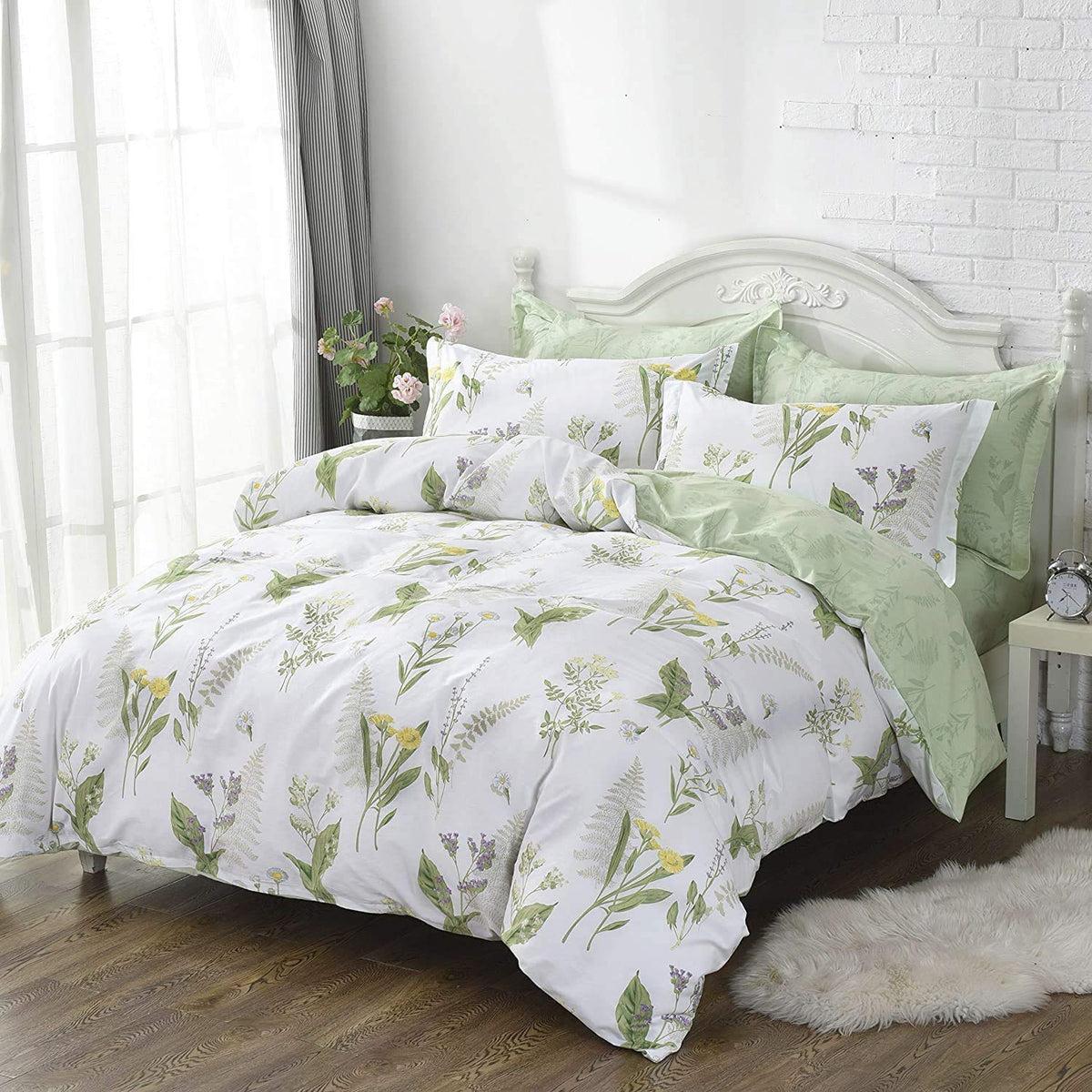 FADFAY Floral Duvet Cover Set 100% Cotton Green Striped and Beige Bedding White Flower Branches Print 600 TC Soft Reversible Zipper Bed Cover & 2 Pillowcases,King/Cal King(106x92)