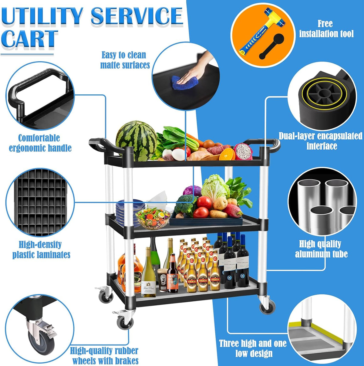 Utility Carts with Wheels, Rolling Kitchen Cart, 3 Tier Cart, Food Service Cart, Restaurant Kitchen Cart, Plastic Heavy Duty Cart for Office Business, 510lbs 16.9" D x 31.5" W x 37.8" H