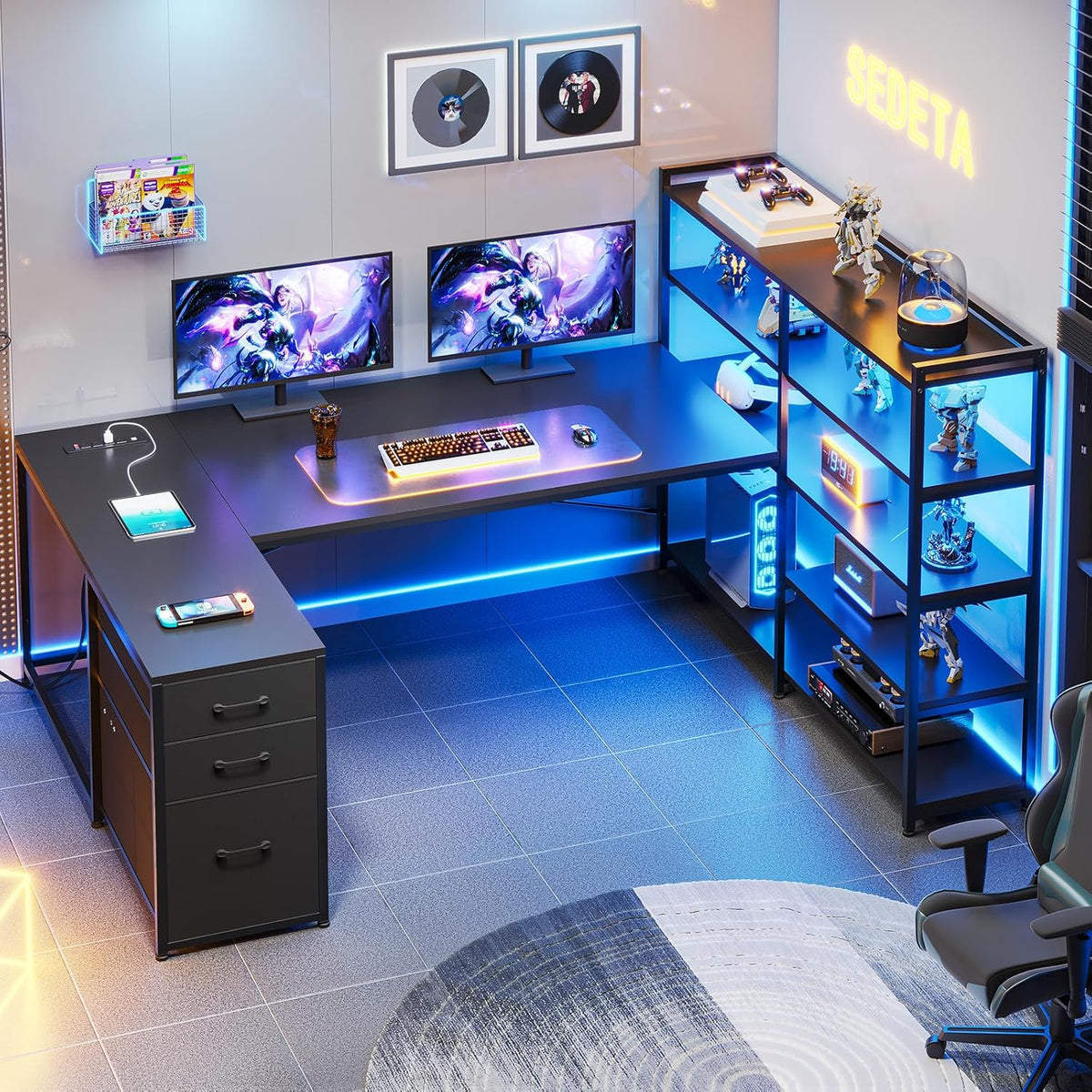 SEDETA 64.5" Reversible L Shaped Gaming Desk with Storage Drawers, Shelves