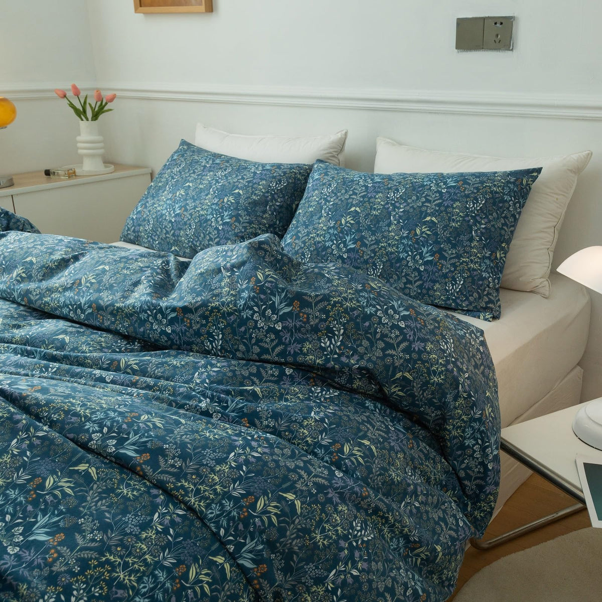 LifeTB Green Floral 100% Jersey Knit Cotton Duvet Cover Queen Vintage Style Botanical Floral Bedding Set Chic Shabby Green Floral Comforter Cover Girl Women Flower Bedding Cover with 2 Pillowcases