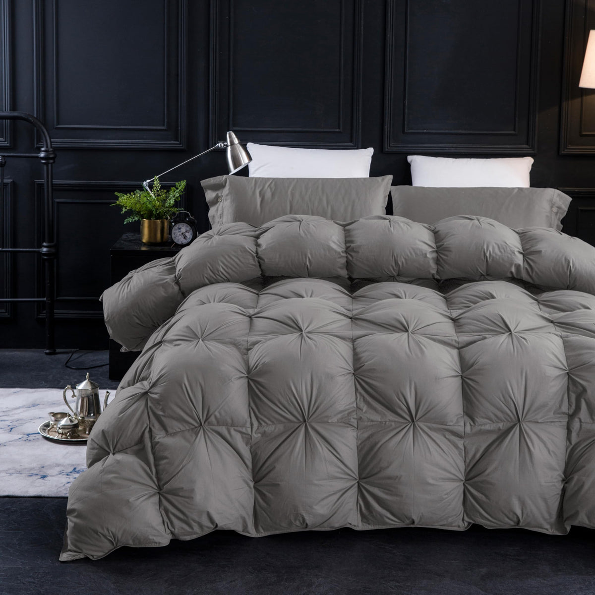 Three Geese Pinch Pleat Waterfowl Feathers and Down Comforter Queen Size Duvet Insert, 1200TC 100% Cotton Fabric, Premium All Seasons BlackGrey Warm Hotel Comforter with 8 Tabs.