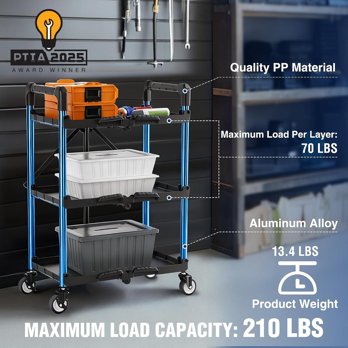 WORKPRO 3-Tier Collapsible Utility Cart, 210 LBS Cart with Wheels