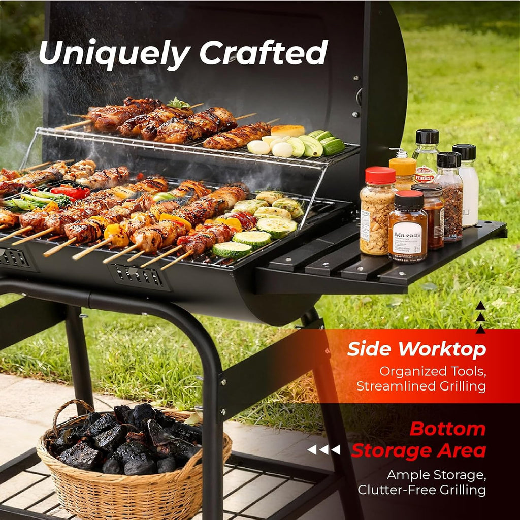 VINGLI Upgraded Barrel Charcoal Grill with Sides Table, Movable Outdoor Smoker with Chimney for Party Garden Patio and Backyard Cooking