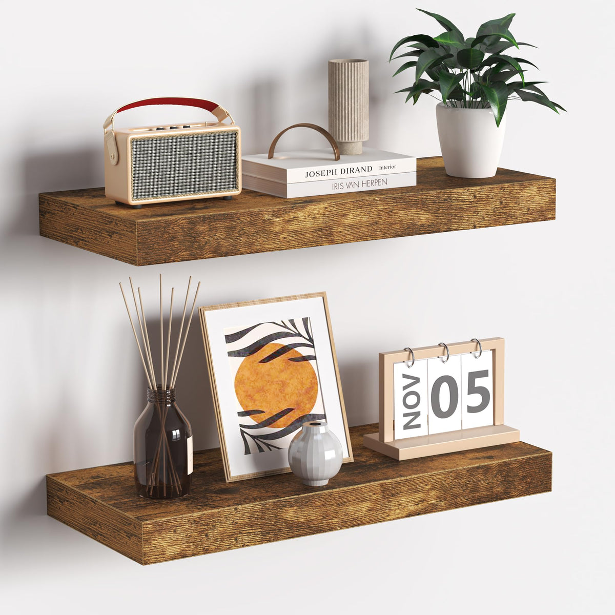 Fun Memories Floating Shelves - 2 Pack 12 Inch Rustic Wooden Wall Shelves - Extra Deeper & Thicker Wall Mounted Storage Shelf for Living Room, Kitchen, Farmhouse - 36" W x 12" D x 1.8" H - Brown