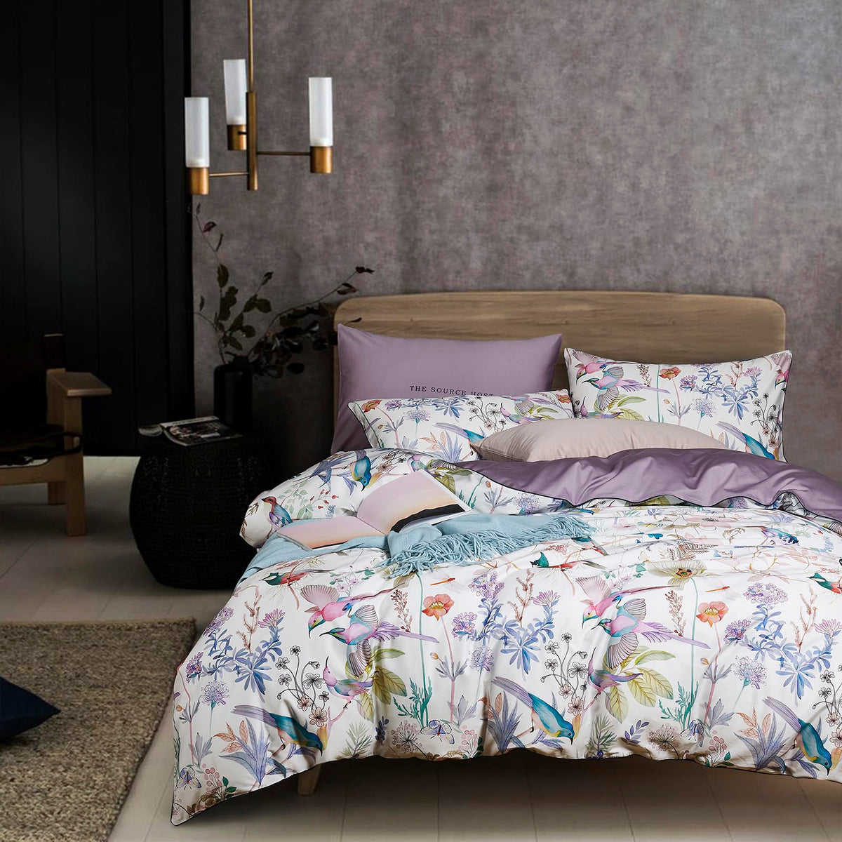 mixinni Garden Style Cotton Flowers and Birds Pattern Printed Duvet Cover Reversible Design Peacock Blue 3 Piece Bedding Duvet Set with Zipper Closure, Perfect for Him and Her-Queen Size