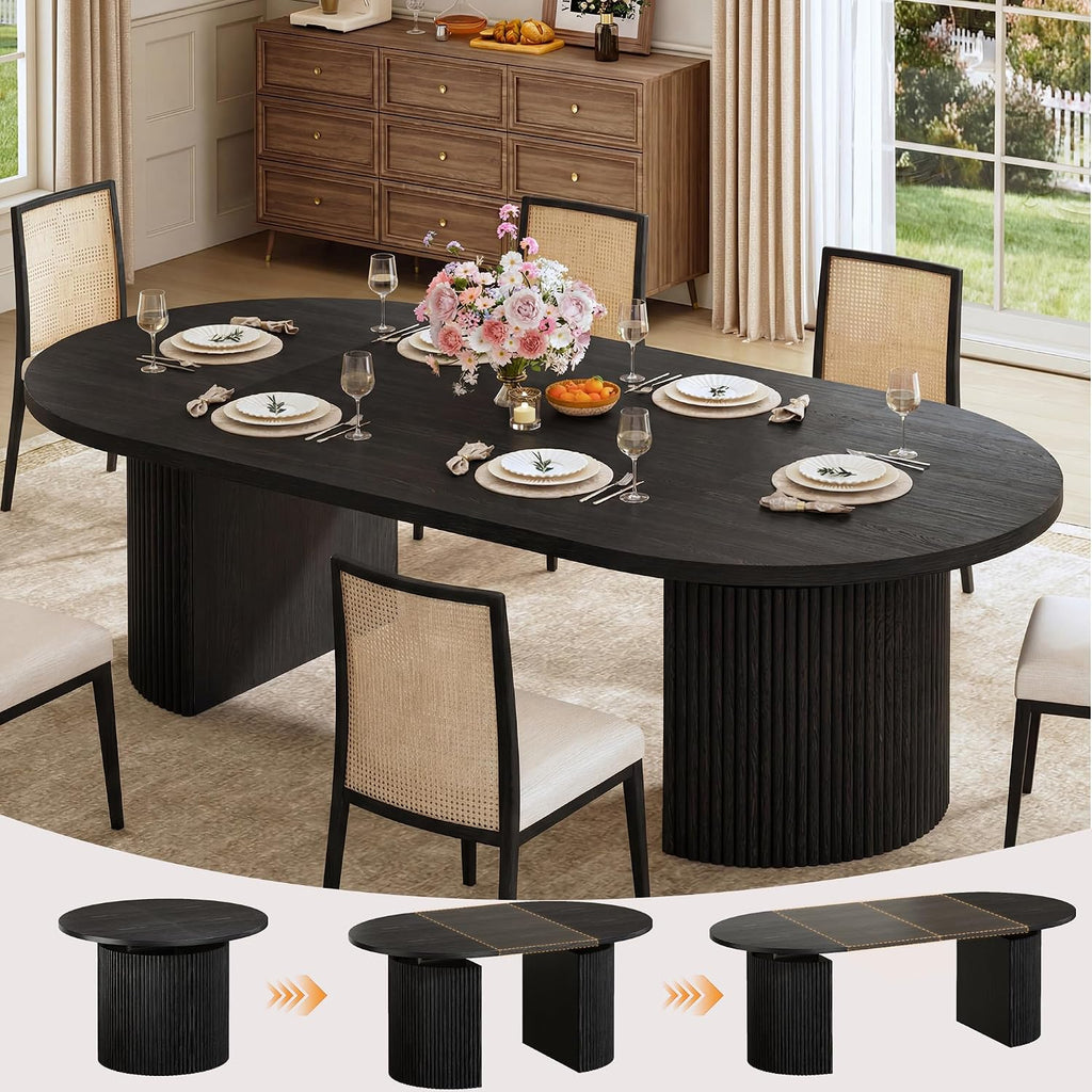 HUAHUU Extendable Round Dining Table for 4-8, 39in-77in Long Large Kitchen Table with Fluted Base, Space Saving Modern Farmhouse Oval Dinner Tables for Dining Room, Kitchen, Living Room, Black