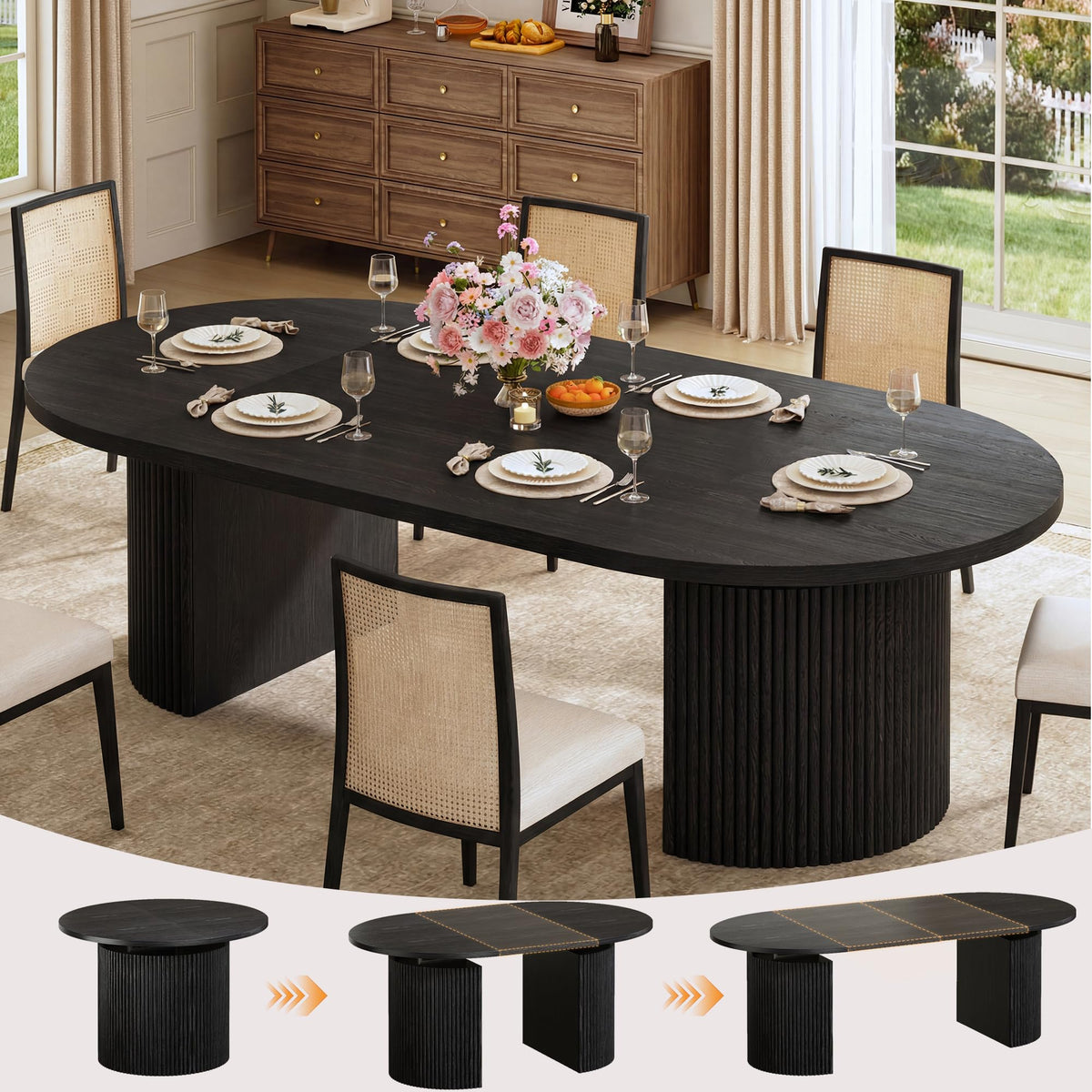 HUAHUU 47.2" Round Dining Table for 4-6, Modern Kitchen Table with 4 Drawers and 2-Tier Storage Shelf, Wooden Circle Dining Tables with Fluted Base & Sliding Door for Home Kitchen Living Room, Natural