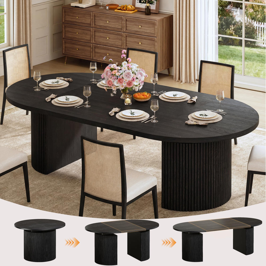 HUAHUU Extendable Round Dining Table for 4-8, 39in-77in Long Large Kitchen Table with Fluted Base, Space Saving Modern Farmhouse Oval Dinner Tables for Dining Room, Kitchen, Living Room, Black