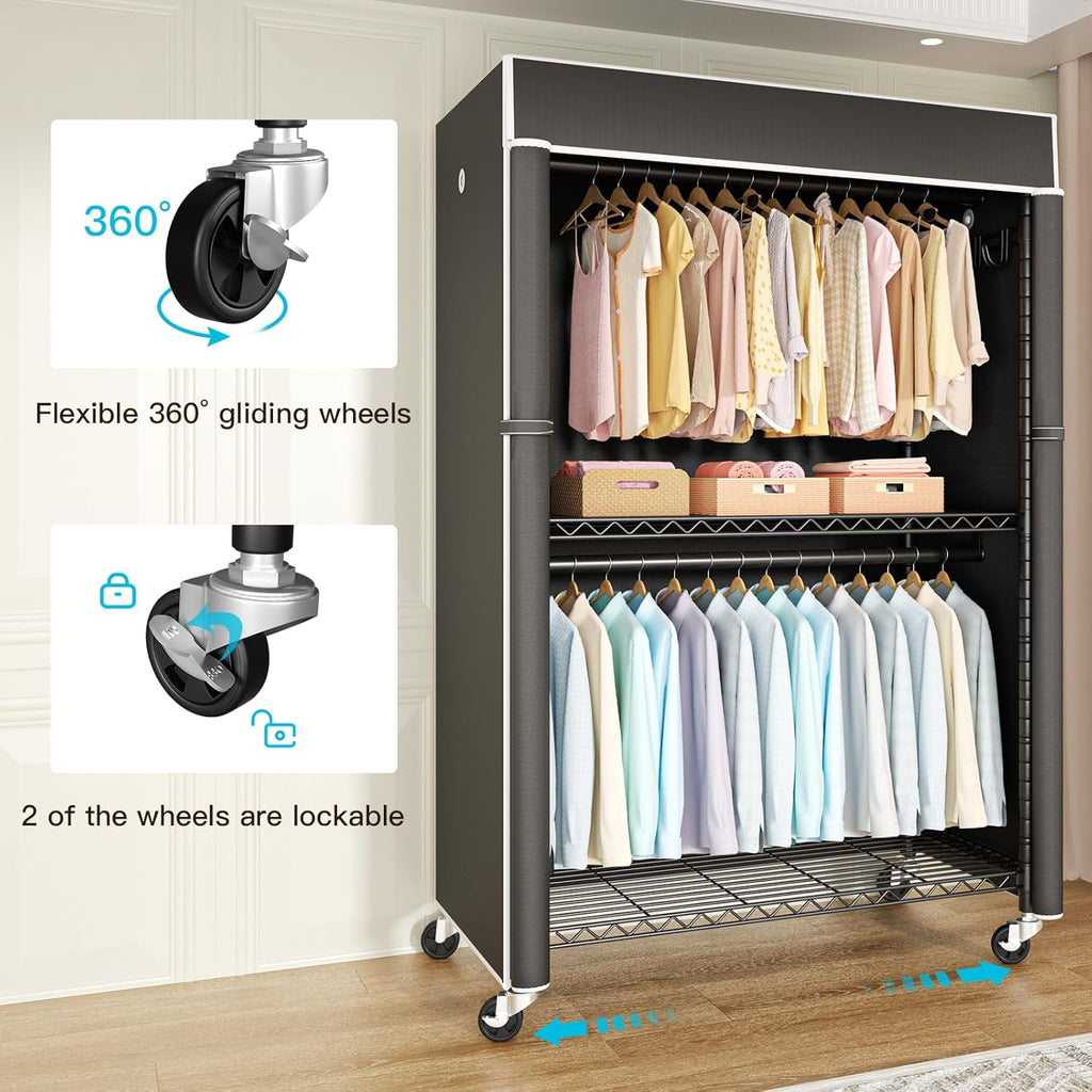 FUTASSI Black Clothing Rack with Black Cover, P1C Plus Rolling Closet
