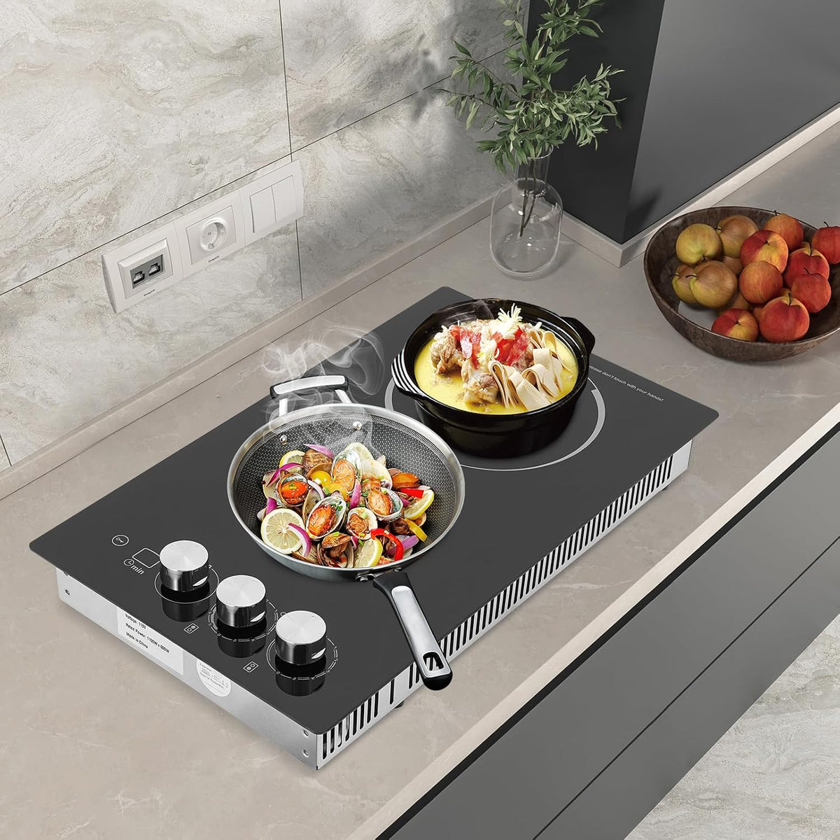 2 Burners Electric Cooktop, 20 Inch 110V 1700W Electric Ceramic Cooktop Built-in Electric Stove Top with 5 Power Levels and Kid Safety Lock and Timer (No Plug)