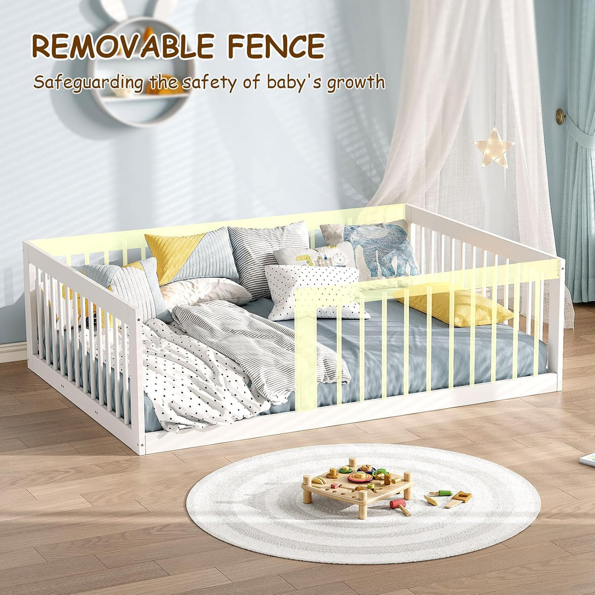 EXPERLAM Full Montessori Floor Bed for Kids, Removable Rails, White