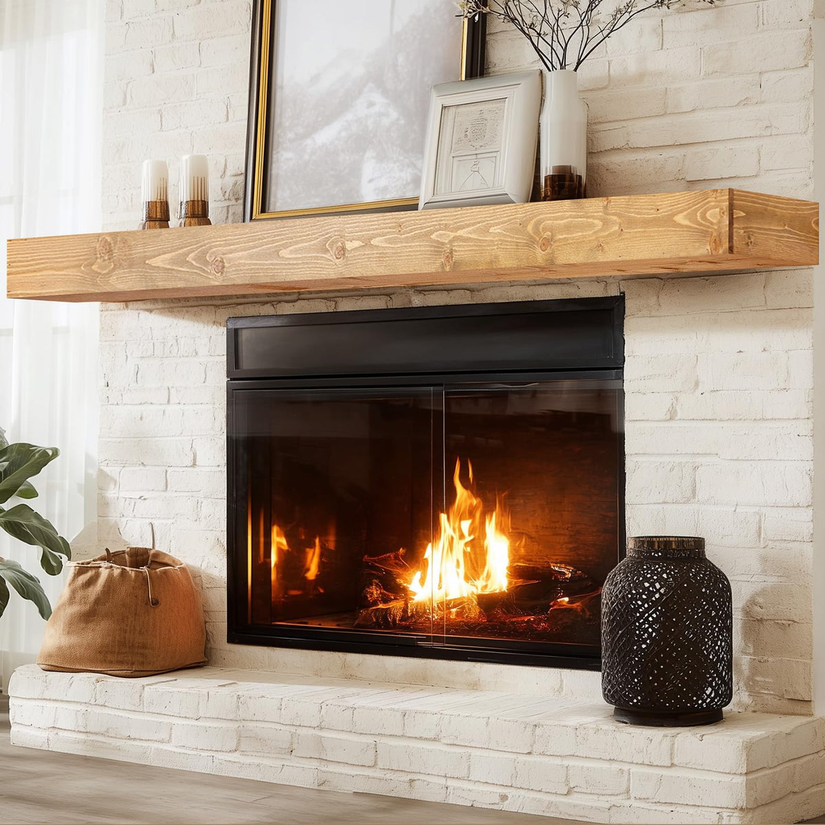 60x8x3in Rustic Fireplace Mantel Pine Wood, Weathered Brown