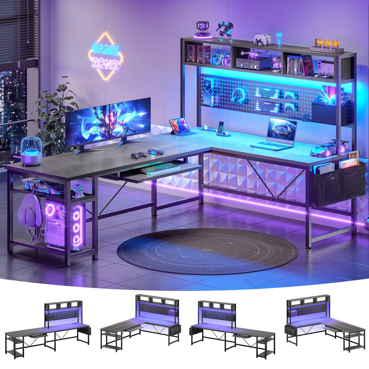SEDETA 67" L Shaped Gaming Desk with Pegboard LED Lights and Power Outlet