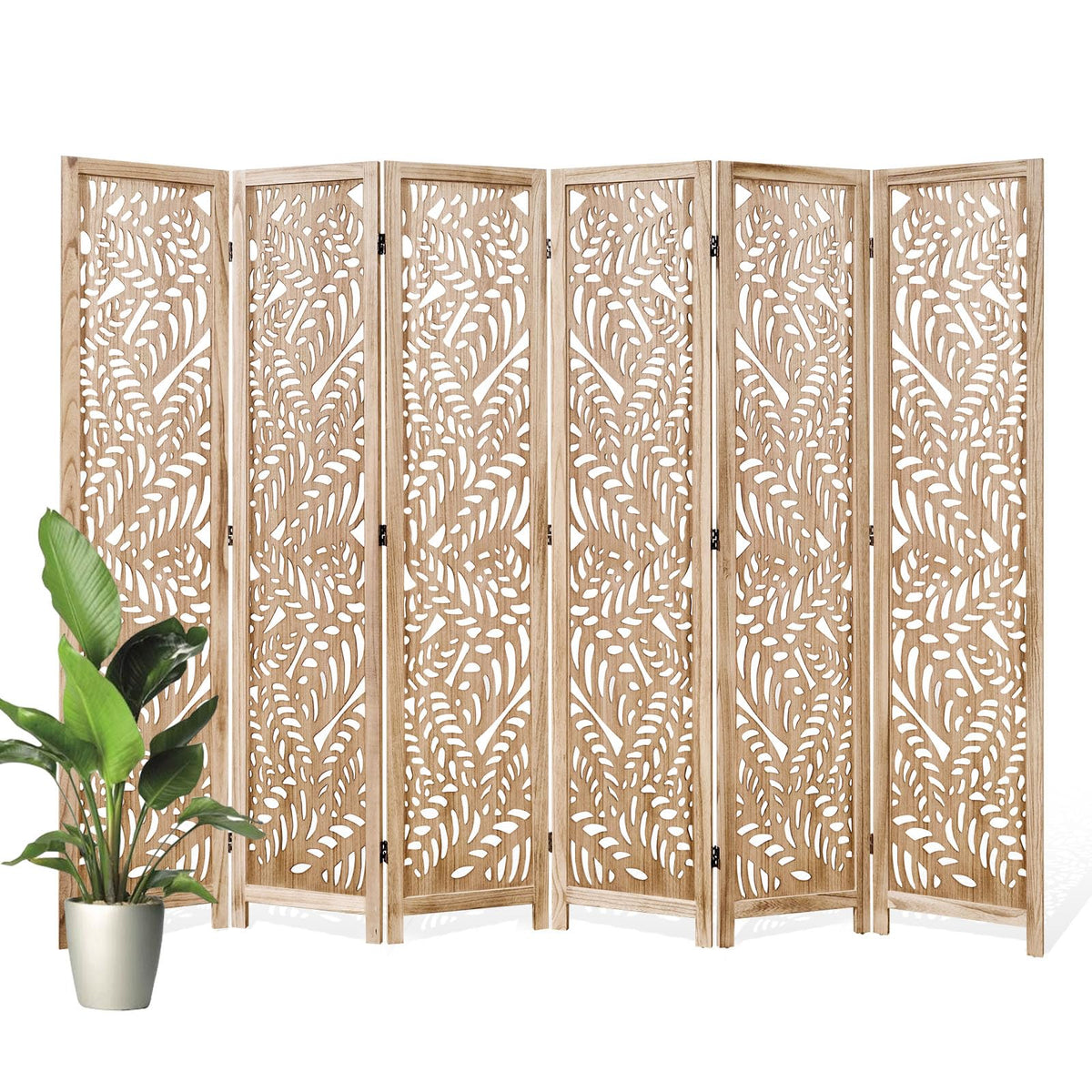 Leaf-Carved Room Divider Privacy Screen - 67 Inch Tall Foading Decorative Wood Screen Dividers Panel for Home - Natural Wood Room Partitions for Enhanced Privacy and Style Natural 4 Paned