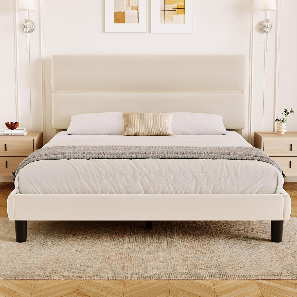 GRUSIGN King Size Platform Bed Frame with Velvet Headboard, Adjustable Height Wooden Slats Support, Upholstered Mattress Foundation, Fits Mattress or Mattress with Box Spring, Easy Assembly, Beige