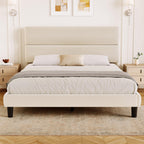 GRUSIGN King Size Platform Bed Frame with Velvet Headboard, Adjustable Height Wooden Slats Support, Upholstered Mattress Foundation, Fits Mattress or Mattress with Box Spring, Easy Assembly, Beige