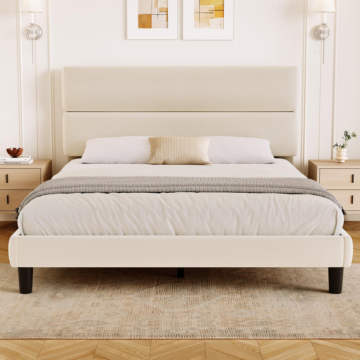 GRUSIGN King Size Platform Bed Frame with Velvet Headboard, Adjustable Height Wooden Slats Support, Upholstered Mattress Foundation, Fits Mattress or Mattress with Box Spring, Easy Assembly, Beige