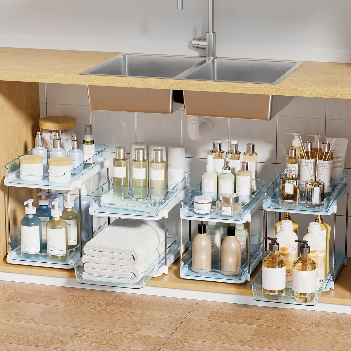 Delamu 2-Tier Multi-Purpose Bathroom Under Sink Organizers and Storage, Stackable Kitchen Pantry Organization, Pull Out Medicine Cabinet Organizer with Movable Dividers, White, 4Pack