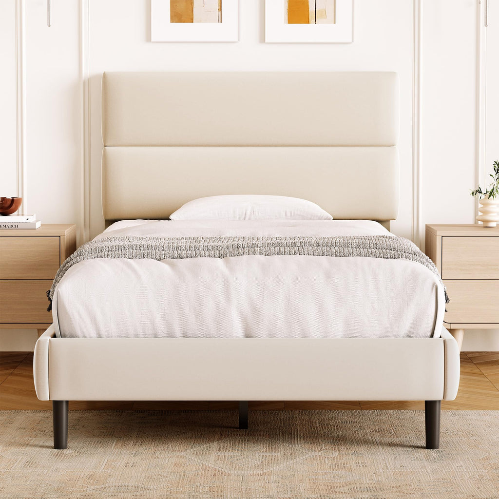 GRUSIGN King Size Platform Bed Frame with Velvet Headboard, Adjustable Height Wooden Slats Support, Upholstered Mattress Foundation, Fits Mattress or Mattress with Box Spring, Easy Assembly, Beige