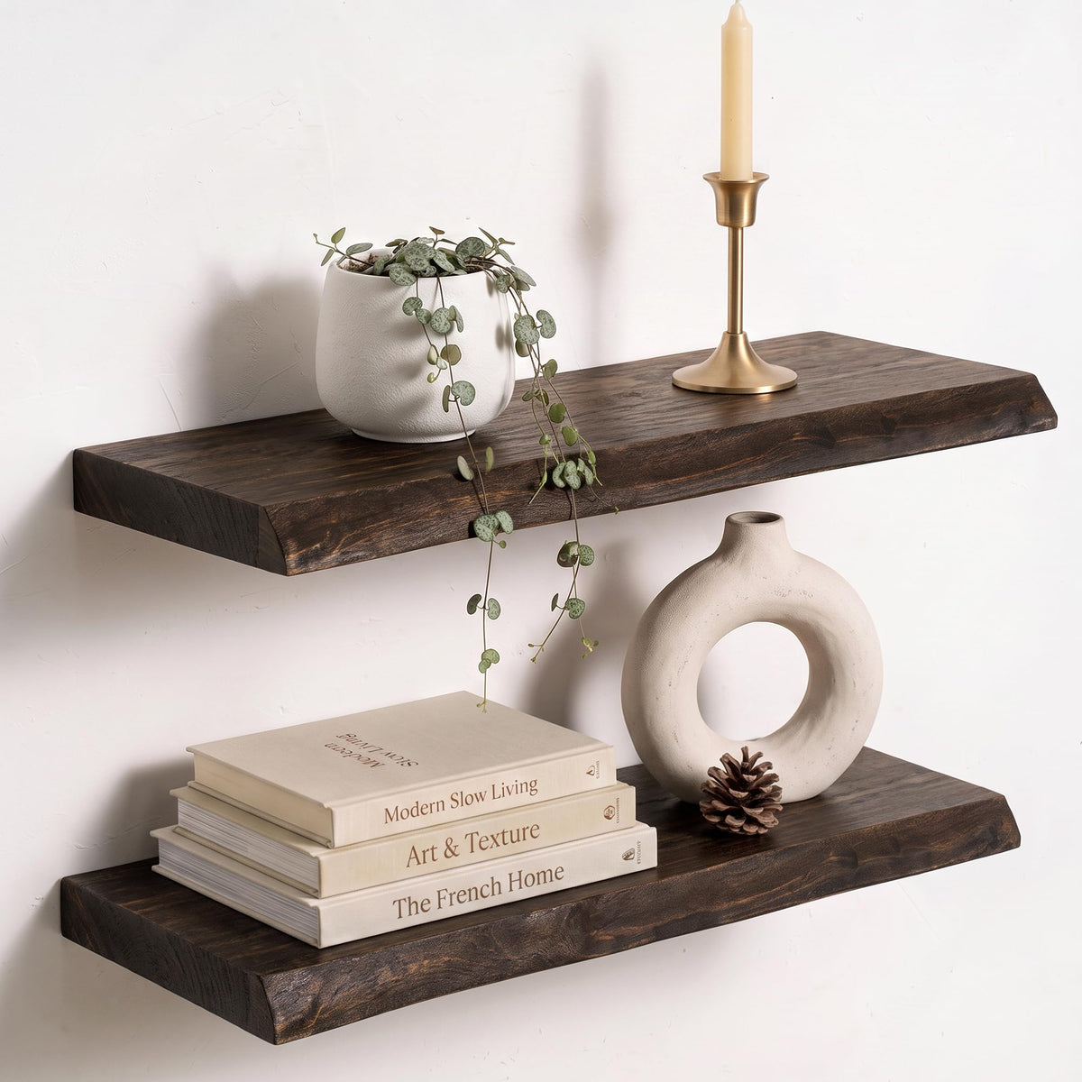 Live Edge Elm Floating Shelves - 24 In Rustic Solid Wood Shelves with Heavy-Duty Invisible Bracket, Wall-Mounted Wooden Shelf for Living Room, Bathroom, Kitchen Storage & Display, Set of 2, Natural