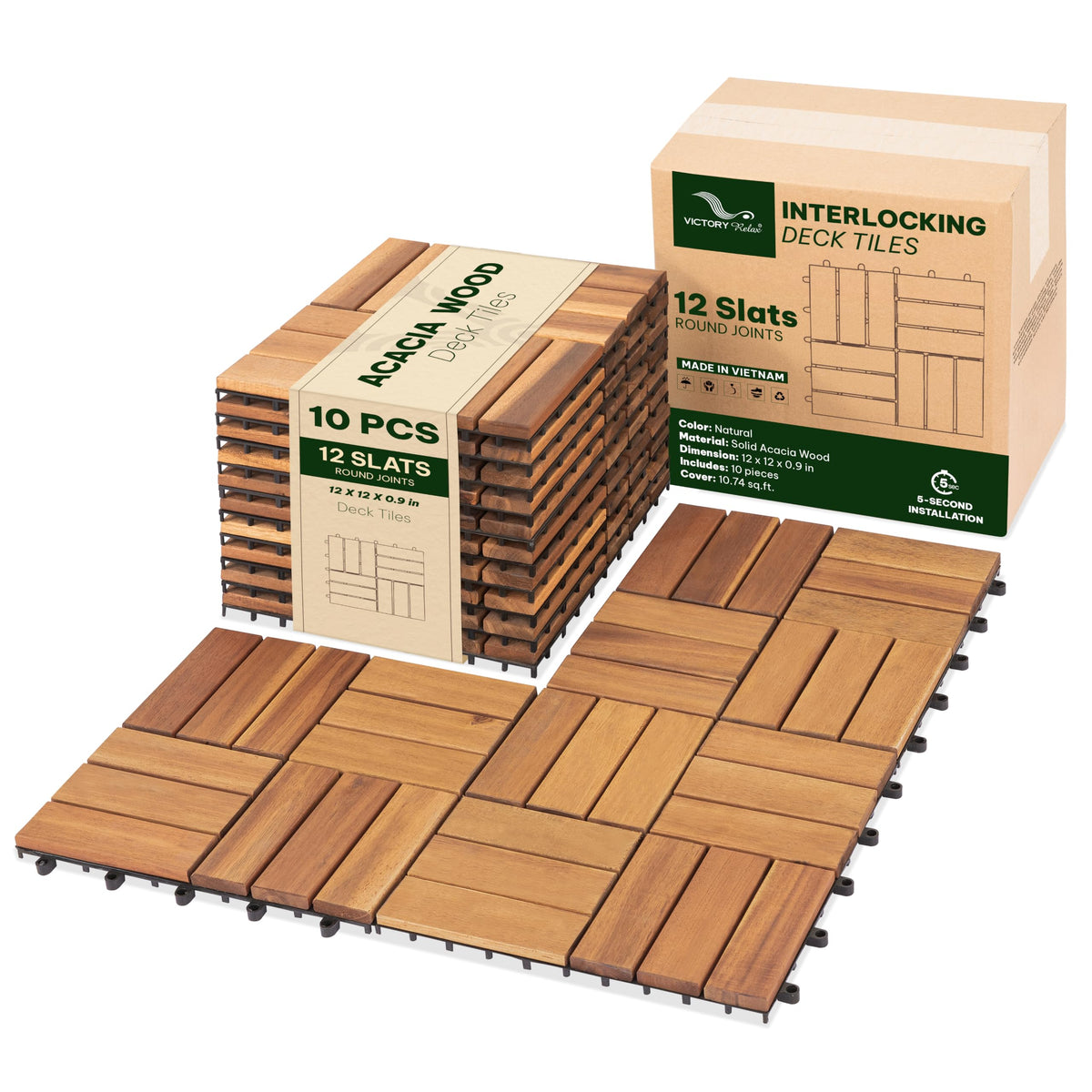 Acacia Interlocking Deck Tiles, 27 PCS Wood Flooring, 12 Slats, Walnut