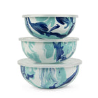 Golden Rabbit Enamelware Nested Mixing Bowls with Lids, Set of 3, Solid White Textured