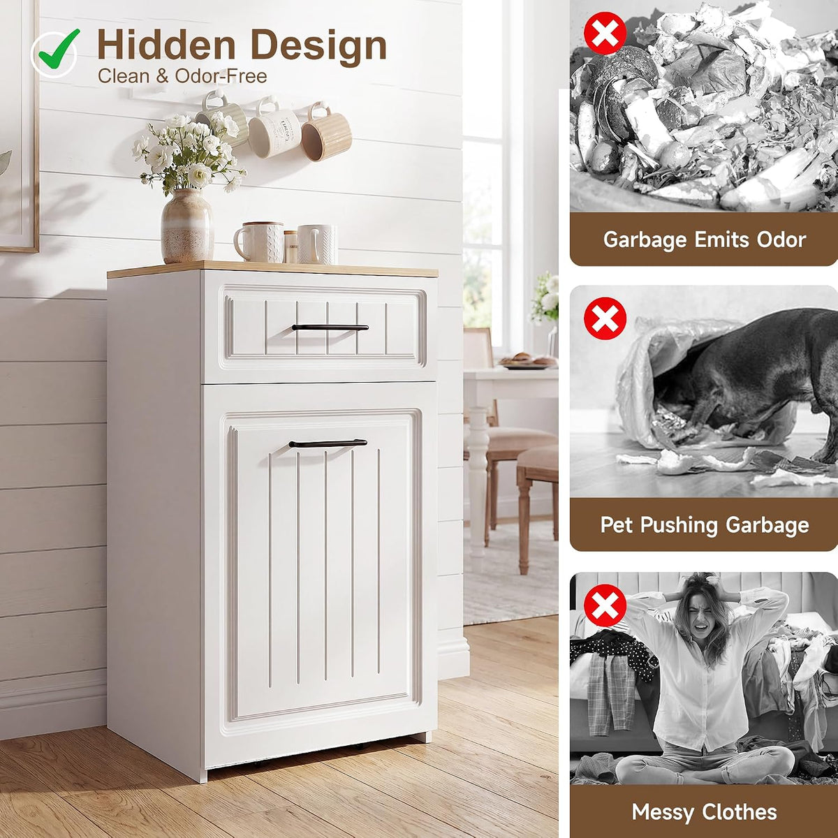 ZIFTY Pull Out Trash Can Cabinet for 13 Gallon Bin, Laundry Hamper, White