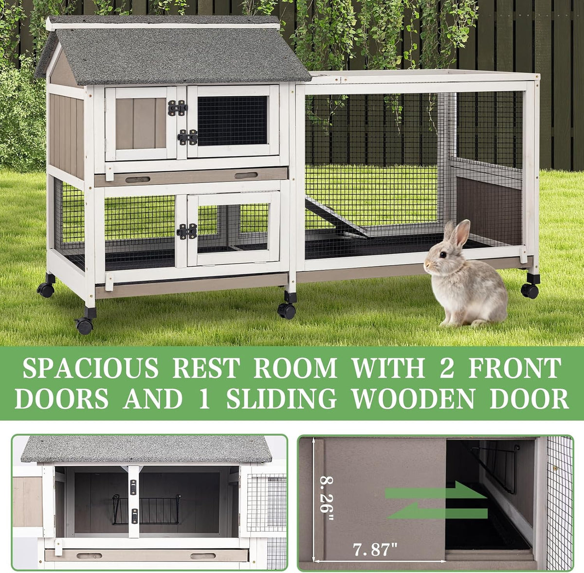 2-Story Rabbit Hutch Indoor & Outdoor, Large Bunny Hutch with 3 Pull-Out Trays, 6 Lockable Wheels, Wooden Rabbit Cage with Asphalt Roof & 6 Accesses for 2-4 Rabbits, Backyard, Home, Patio