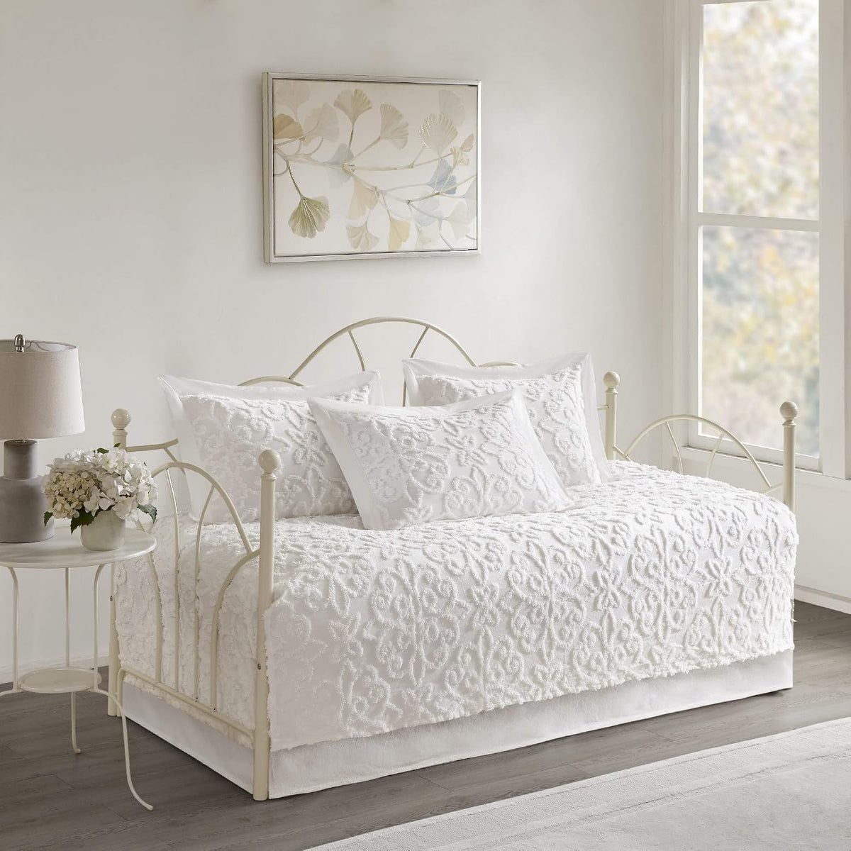 Misc Bright White Chenille Daybed Set Medallion Pattern Bedding Textured Soft Cotton Fabric Shabby Chic, 5 Piece