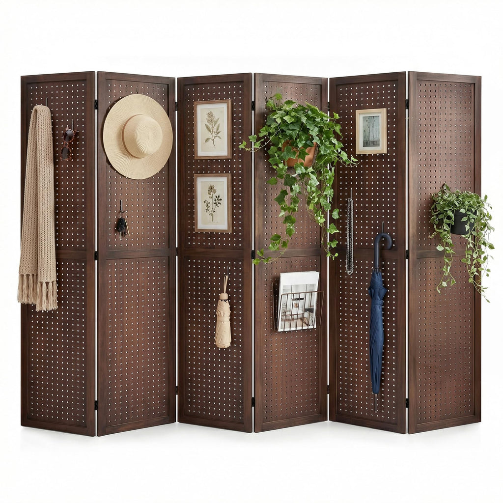 Pegboard Display, 5.6Ft Portable Freestanding Wall Organizer Wooden Room Divider Folding Privacy Screens for Craft Art Display Board (6 Panels, Natural)