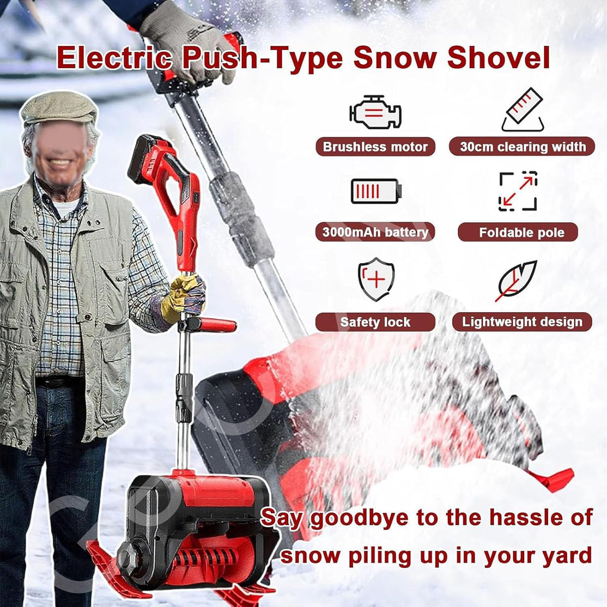 21V Electric Cordless Snow Shovel,Rechargeable Snow Thrower for Driveway,Patio,Deck,30CM Clearing Width,8M Throwing Distance,2 Batteries & Fast Charger,3000 RPM
