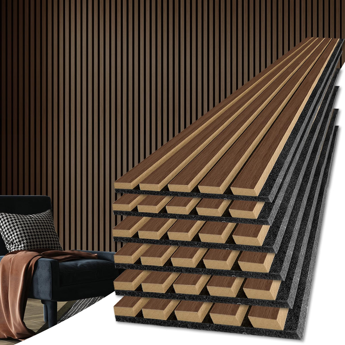 Art3d 6-Pack Soundproof Wood Slat Wall Panels, 94.5 x 7.9 Inch, Walnut