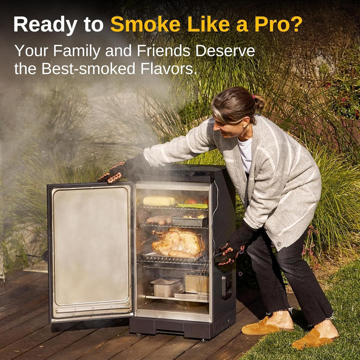 EAST OAK 30" Outdoor Electric Smoker with Side Chip Loader for up to 6x Longer on a Single Load, 725 sq in Large Cooking Area, Digital 12-Hr Timer & Easy-Rolling Wheels, Matte Black