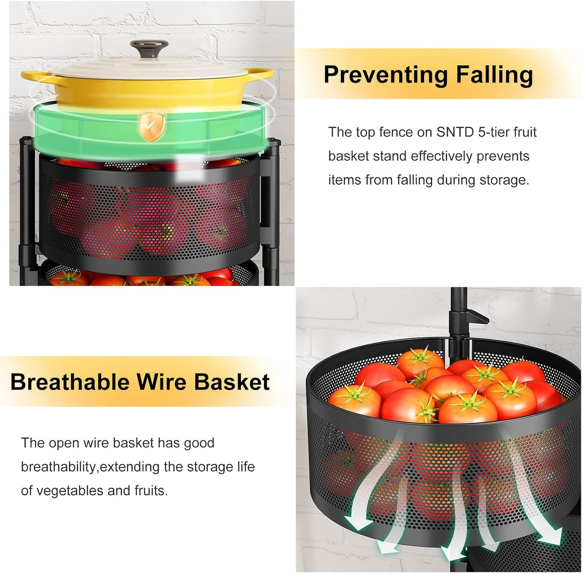 SNTD 5-Tier Fruit and Vegetable Basket Bowls for Kitchen, Rotating, Black