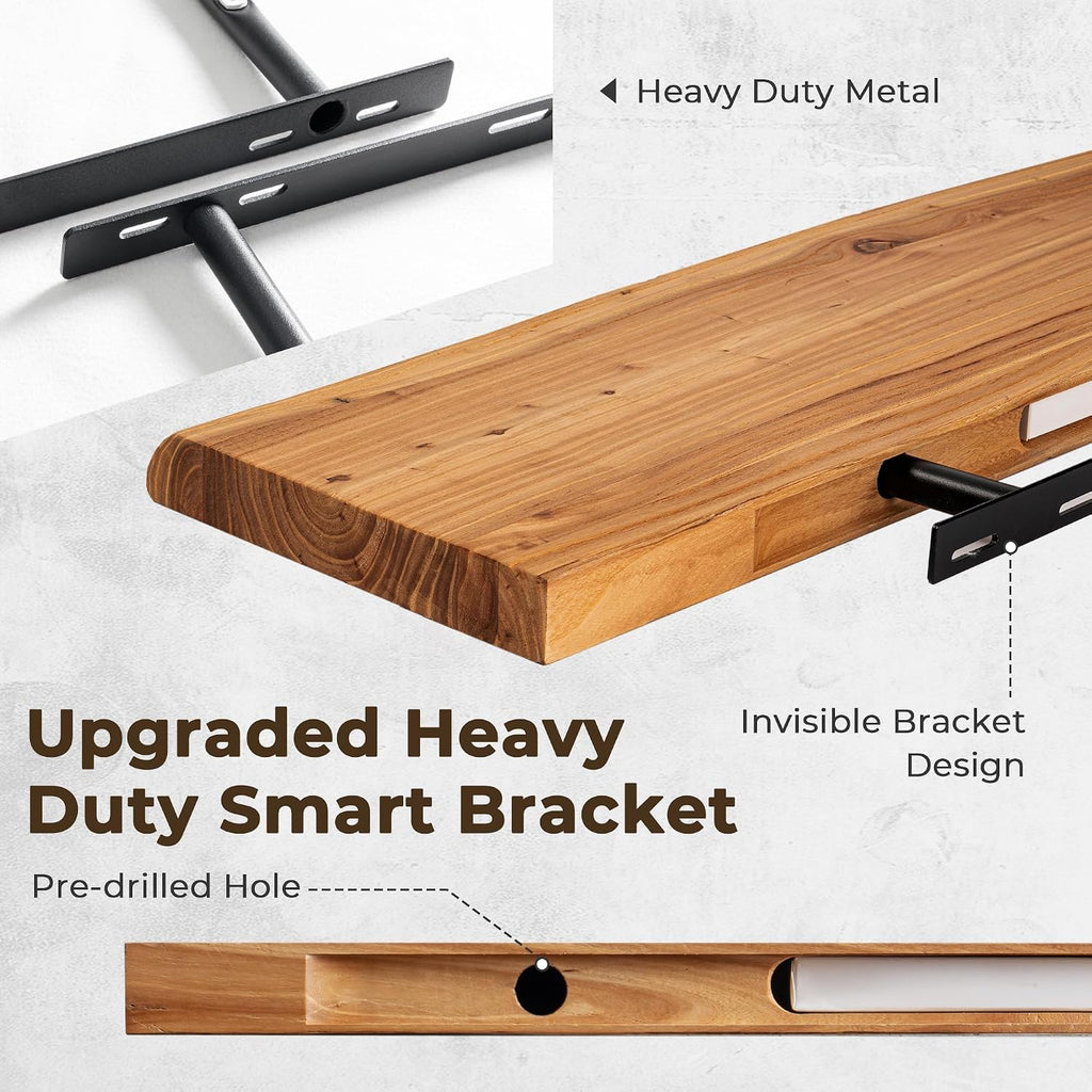Live Edge Elm Floating Shelves - 24 In Rustic Solid Wood Shelves with Heavy-Duty Invisible Bracket, Wall-Mounted Wooden Shelf for Living Room, Bathroom, Kitchen Storage & Display, Set of 2, Natural