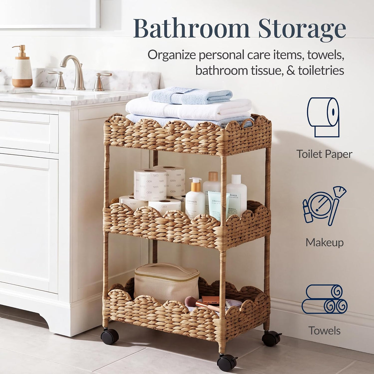 Best Choice Products 3-Tier Scalloped Nursery Caddy w/Wheels, Handwoven Utility Cart, Storage Organization for Bathroom, Craft Room, Laundry Room - Chestnut