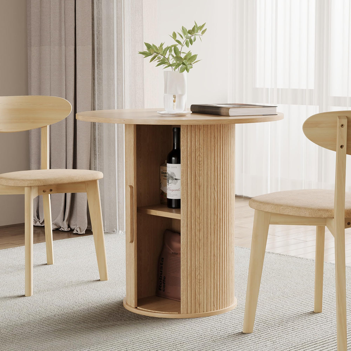 31.5" Round Dining Table for 2-4, Modern Farmhouse Kitchen Table with 2-Tier Storage Shelf, Small Wooden Circle Dining Tables with Fluted Base for Home Dining Room Living Room (Walnut)