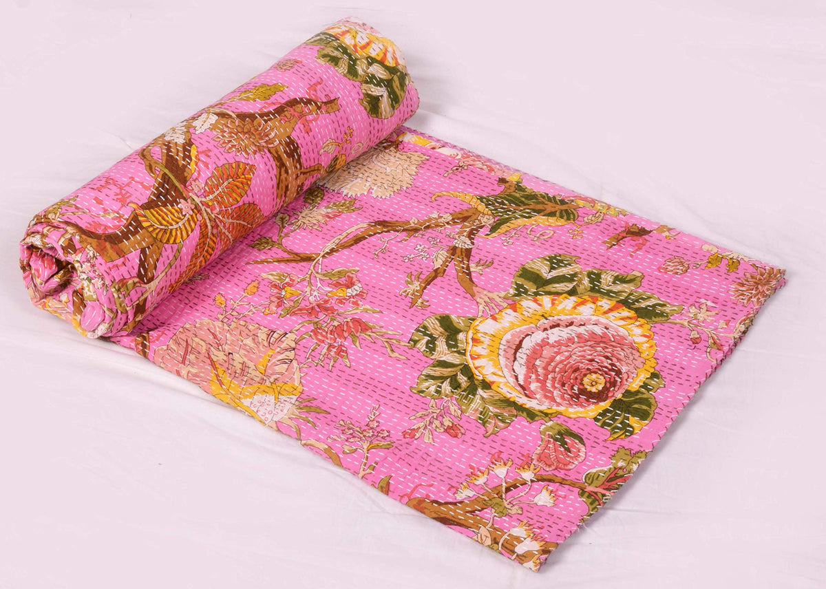 Indian Floral Print TwinQueen/King Size Kantha Quilt Kantha Blanket Bed Cover Kantha Bedspread Bohemian Bedding Kantha Blanket (Black, King (U.S. Standard))