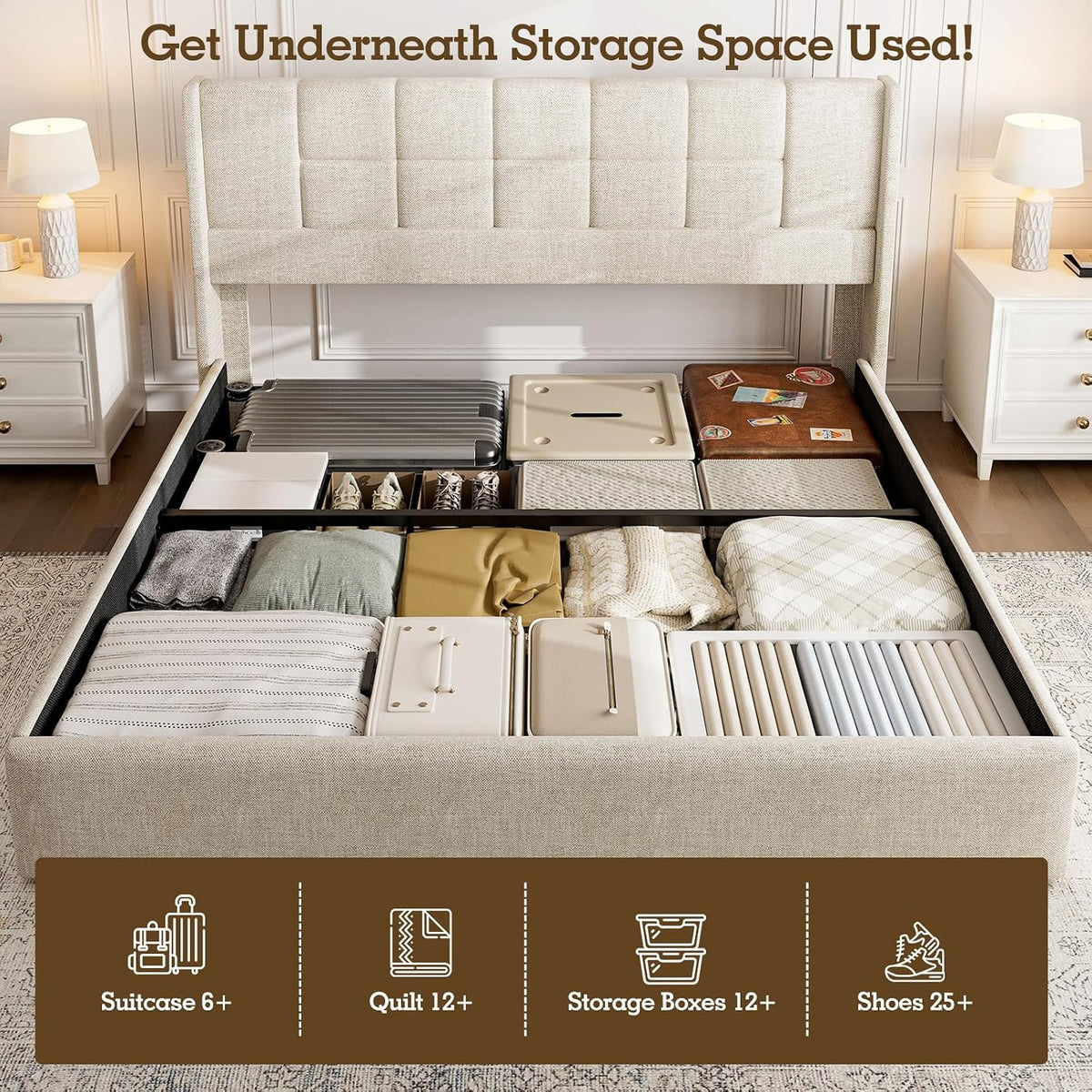 King Bed Frame with Hydraulic Gas Lift Up Storage, Linen Upholstered