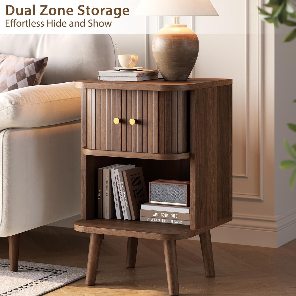 Decofy Fluted Nightstand Set of 2, Charging Station & Sliding Doors, Walnut