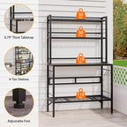 Bakers Rack with Open Bottom, 63''H Metal Microwave Stand with 8 Hooks, 4-Tier Heavy Duty Baker's Rack with Mesh Shelf, Multi-Purpose Display Rack&Potting Bench Table for Patio, Black