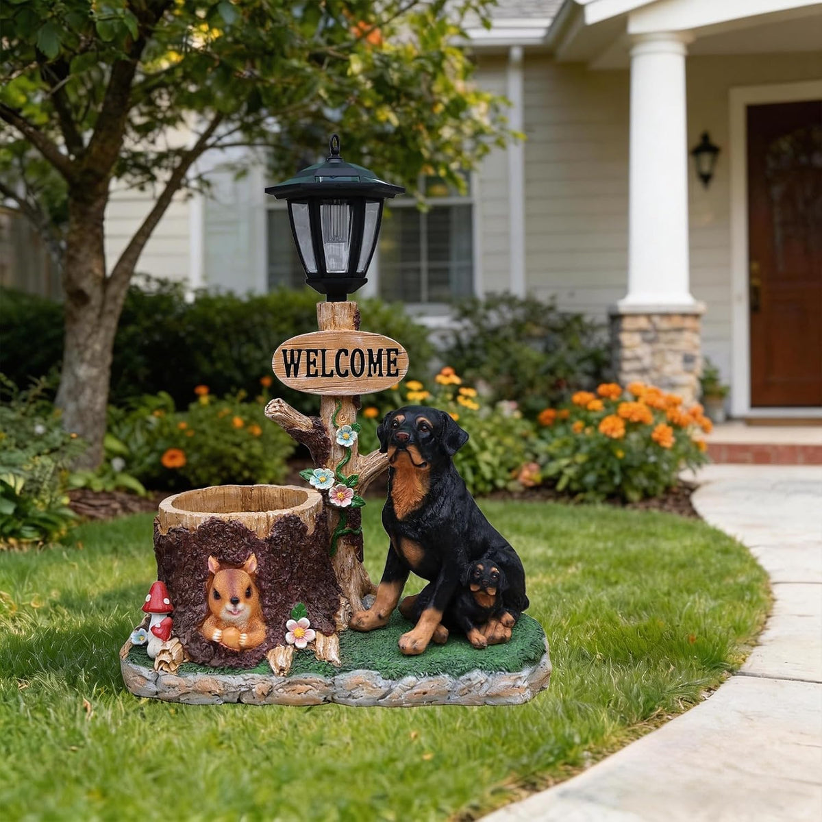 Solar Rottweiler Dog Statue with Welcome Sign & Lantern, 2 Dogs Garden Figurine Planter Pot, Realistic Outdoor LED Light for Porch, Yard Art & Lawn Decor, Unique Gift for Dog Lovers