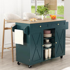 HLR Farmhouse Kitchen Island On Wheels, Teal Green